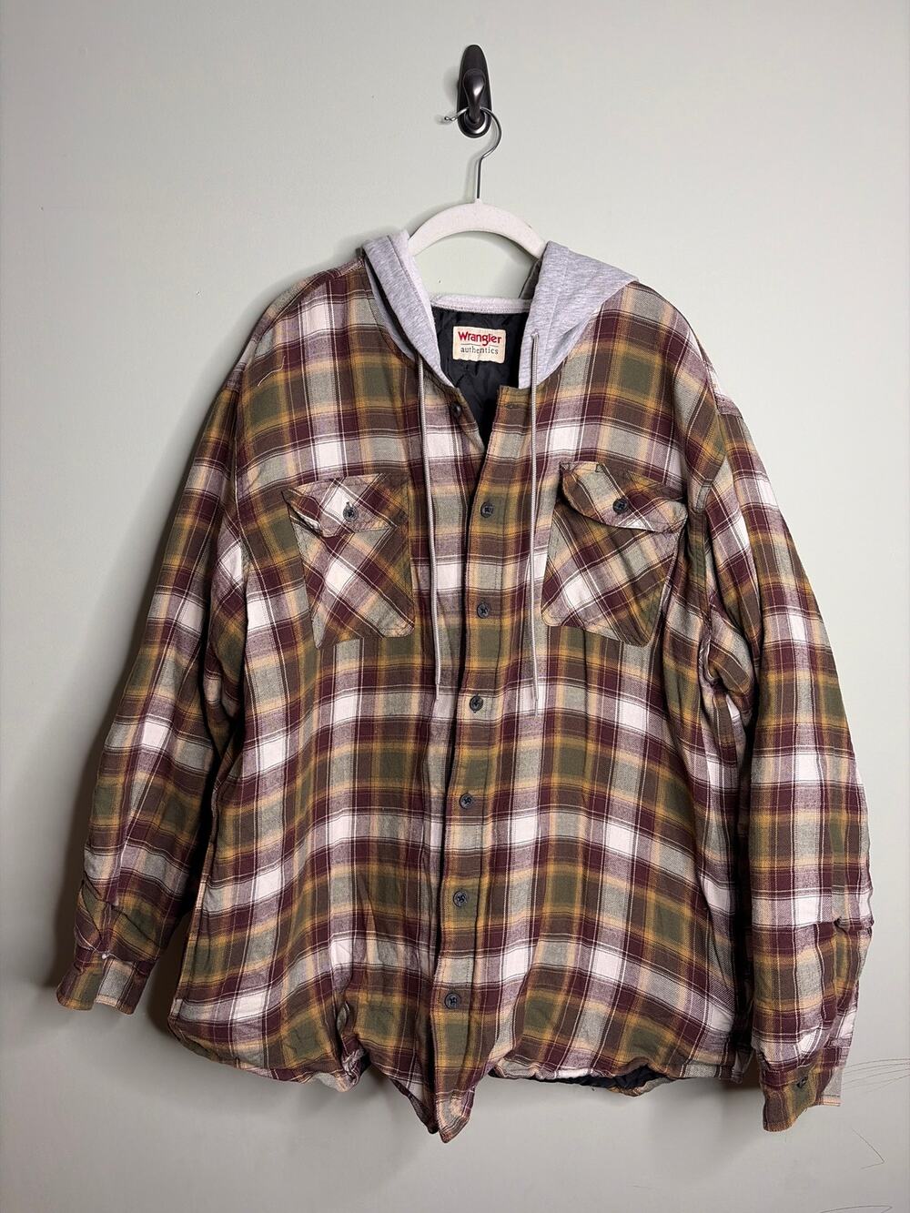 Wrangler Men's Brown Cream Plaid Hooded Shacket 2XL